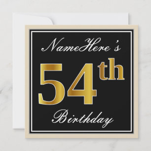 Elegant, Black, Faux Gold 54th Birthday + Name Invitation