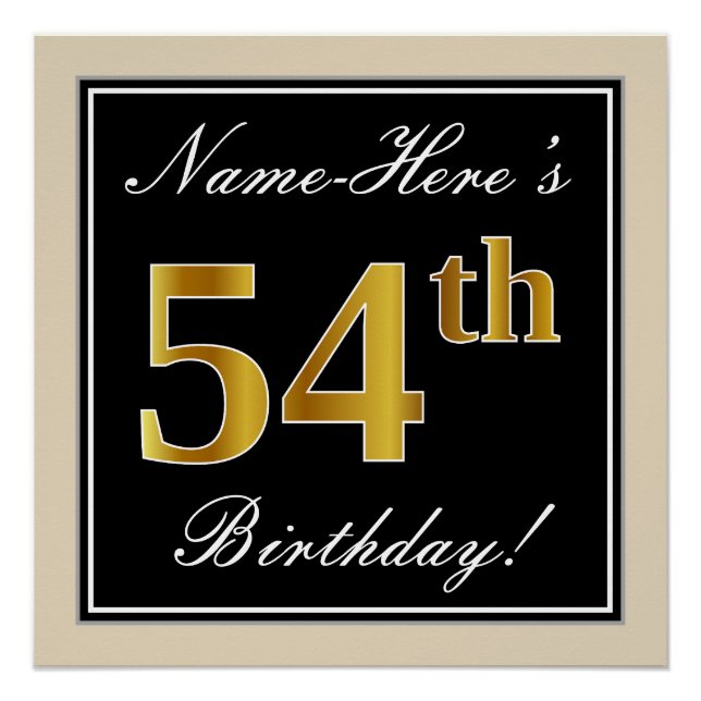 Elegant, Black, Faux Gold 54th Birthday + Name Poster (Front)