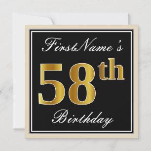 Elegant, Black, Faux Gold 58th Birthday + Name Invitation
