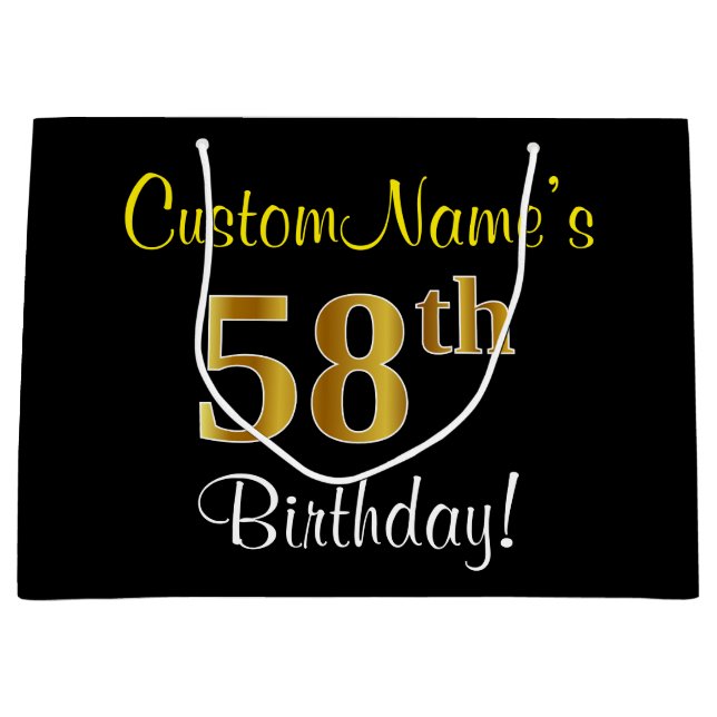 Elegant, Black, Faux Gold 58th Birthday + Name Large Gift Bag (Front)