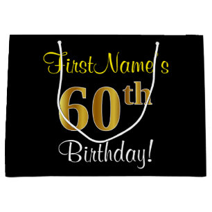 Elegant, Black, Faux Gold 60th Birthday + Name Large Gift Bag