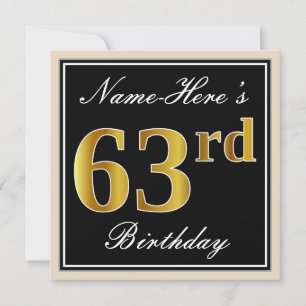 Elegant, Black, Faux Gold 63rd Birthday + Name Invitation