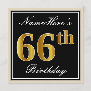 Elegant, Black, Faux Gold 66th Birthday + Name Invitation