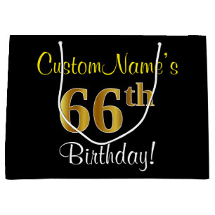Elegant, Black, Faux Gold 66th Birthday + Name Large Gift Bag