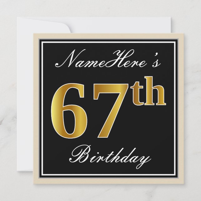 Elegant, Black, Faux Gold 67th Birthday + Name Invitation (Front)
