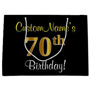 Elegant, Black, Faux Gold 70th Birthday + Name Large Gift Bag