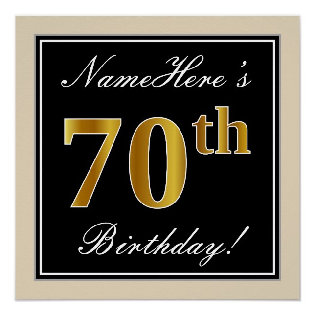 Elegant, Black, Faux Gold 70th Birthday + Name Poster (Front)