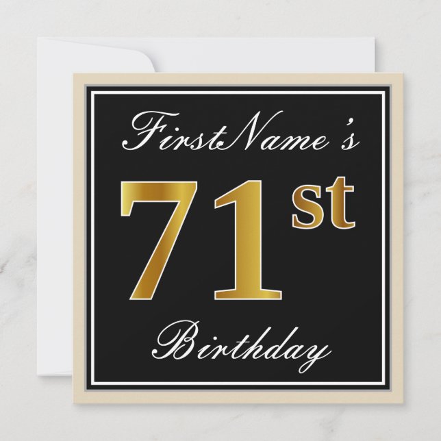 Elegant, Black, Faux Gold 71st Birthday + Name Invitation (Front)