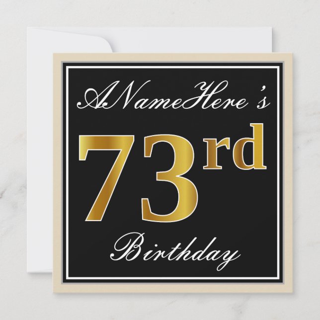 Elegant, Black, Faux Gold 73rd Birthday + Name Invitation (Front)