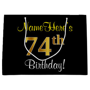 Elegant, Black, Faux Gold 74th Birthday + Name Large Gift Bag