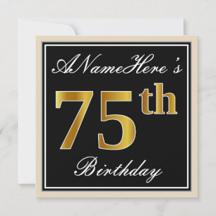 Elegant, Black, Faux Gold 75th Birthday + Name Invitation