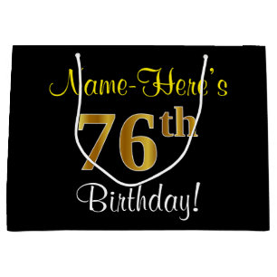 Elegant, Black, Faux Gold 76th Birthday + Name Large Gift Bag