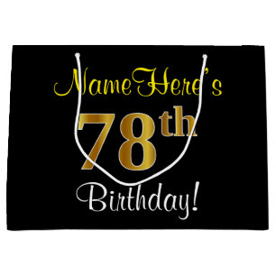 Elegant, Black, Faux Gold 78th Birthday + Name Large Gift Bag