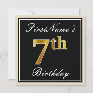 Elegant, Black, Faux Gold 7th Birthday + Name Invitation