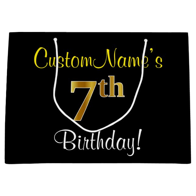 Elegant, Black, Faux Gold 7th Birthday + Name Large Gift Bag (Front)