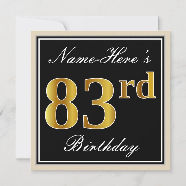 Elegant, Black, Faux Gold 83rd Birthday + Name Invitation (Front)