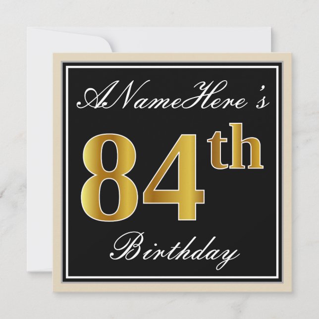 Elegant, Black, Faux Gold 84th Birthday + Name Invitation (Front)