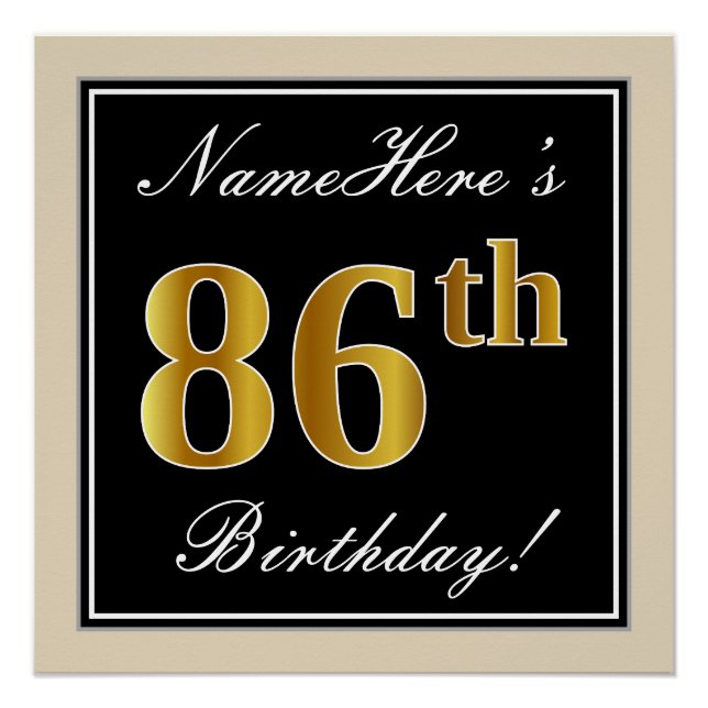 Elegant, Black, Faux Gold 86th Birthday + Name Poster (Front)