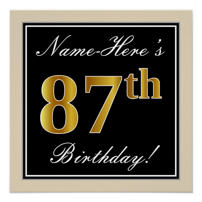 Elegant, Black, Faux Gold 87th Birthday + Name Poster (Front)