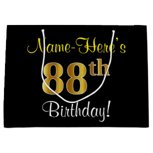 Elegant, Black, Faux Gold 88th Birthday + Name Large Gift Bag