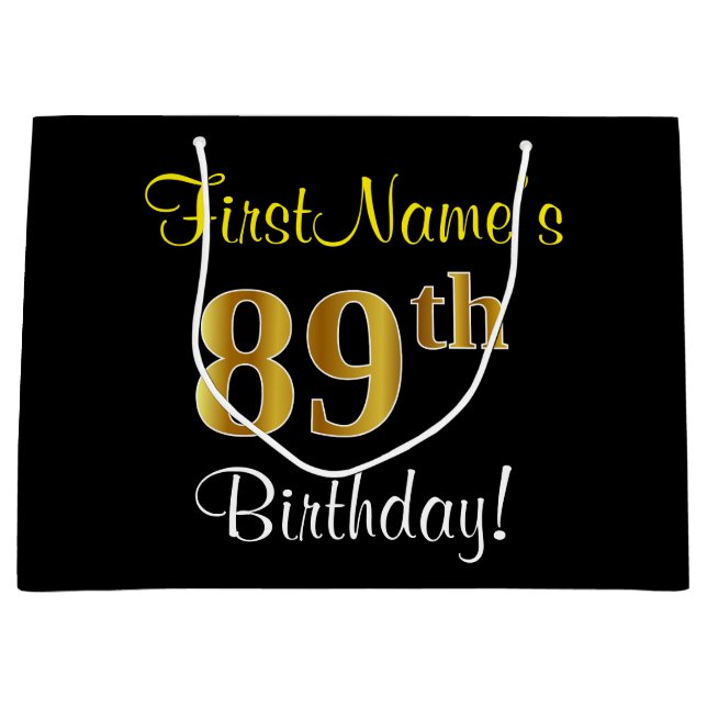 Elegant, Black, Faux Gold 89th Birthday + Name Large Gift Bag (Front)
