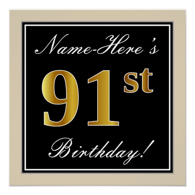 Elegant, Black, Faux Gold 91st Birthday + Name Poster (Front)