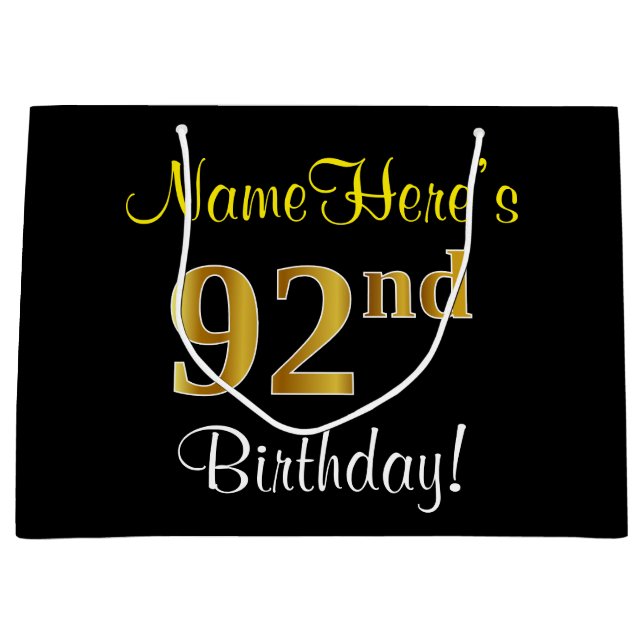 Elegant, Black, Faux Gold 92nd Birthday + Name Large Gift Bag (Front)