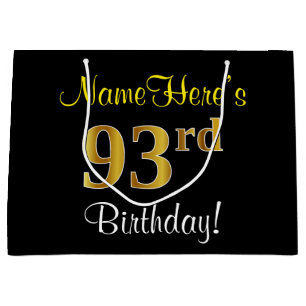 Elegant, Black, Faux Gold 93rd Birthday + Name Large Gift Bag