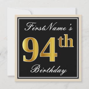 Elegant, Black, Faux Gold 94th Birthday + Name Invitation