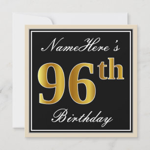 Elegant, Black, Faux Gold 96th Birthday + Name Invitation