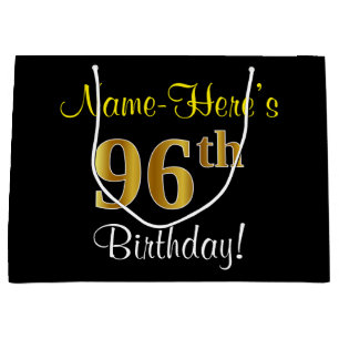 Elegant, Black, Faux Gold 96th Birthday + Name Large Gift Bag