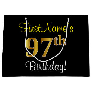 Elegant, Black, Faux Gold 97th Birthday + Name Large Gift Bag