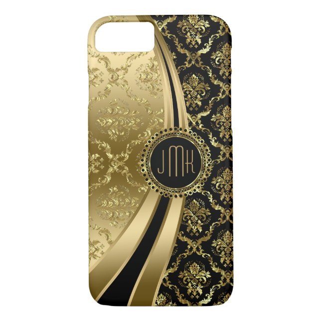 Elegant Black & Faux Gold Floral Damasks 2d Case-Mate iPhone Case (Back)