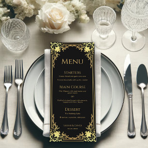 Elegant Black Faux Gold Foil Vintage Wedding Menu