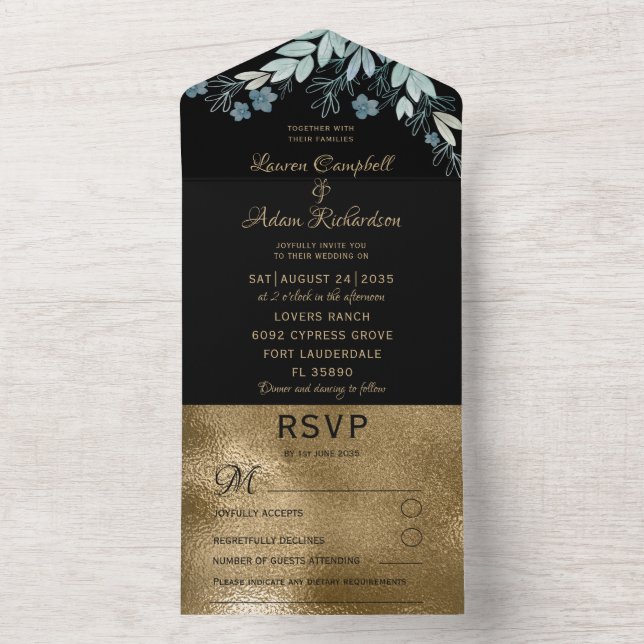 Elegant Black & Faux Gold Foliage Wedding  All In One Invitation (Inside)