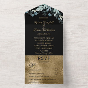 Elegant Black & Faux Gold Foliage Wedding  All In One Invitation