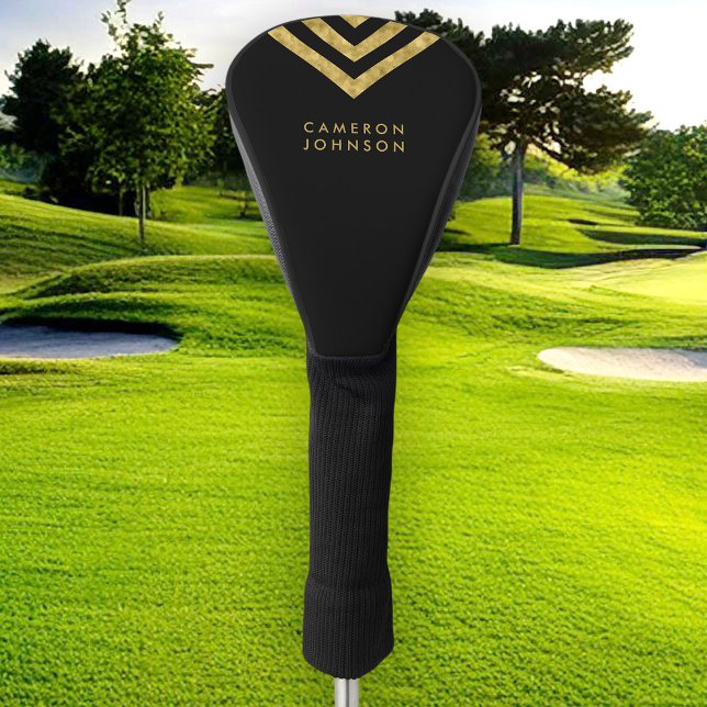 Elegant Black Faux Gold Name Chevron Geometric Golf Head Cover (Creator Uploaded)