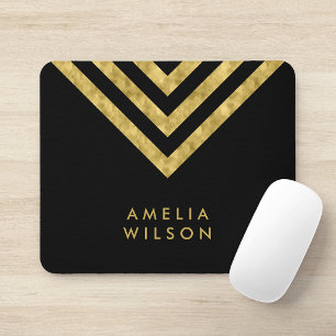 Elegant Black Faux Gold Name Chevron Geometric Mouse Pad