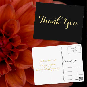Elegant Black Faux Gold Script Wedding Thank You Postcard