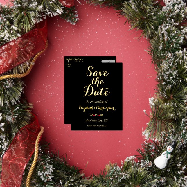 Elegant Black Faux Gold Wedding Save the Date Foil Invitation Postcard (Insitu)