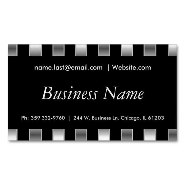Elegant Black & Faux Metallic Silver Stripes Magnetic Business Card (Front)