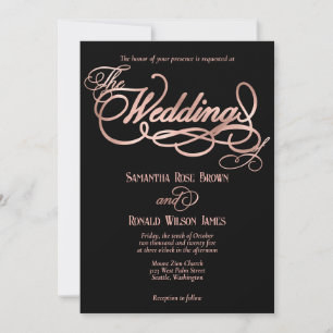 Elegant Black & Faux Rose Gold Calligraphy Wedding Invitation
