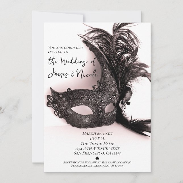 Elegant Black Feather Masquerade Blush Wedding Invitation (Front)