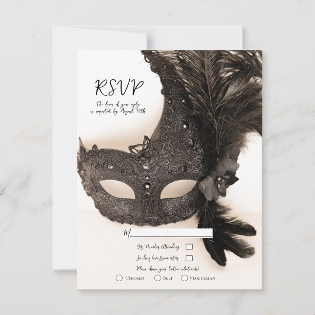 Elegant Black Feather Masquerade Tan Wedding RSVP  Invitation (Front)