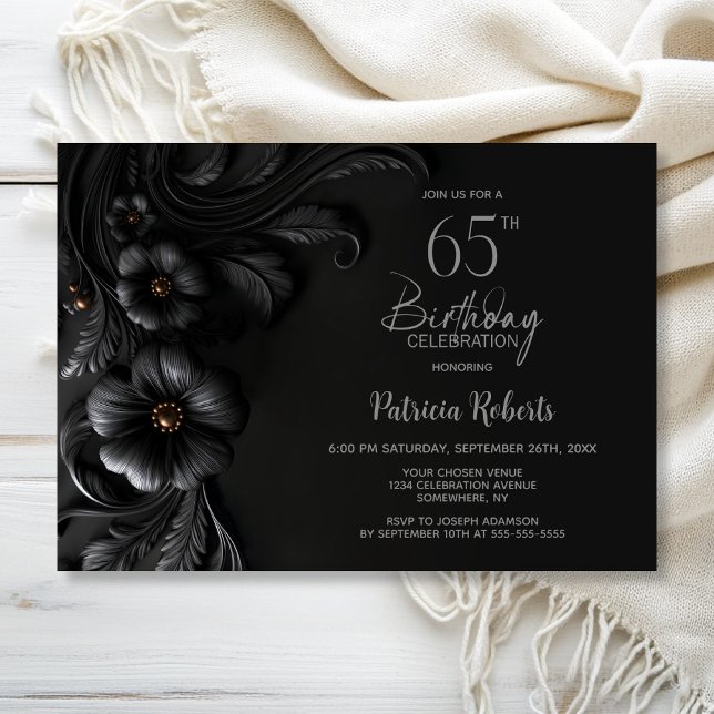 Elegant Black Floral 65th Birthday Party Invitation (Creator Uploaded)