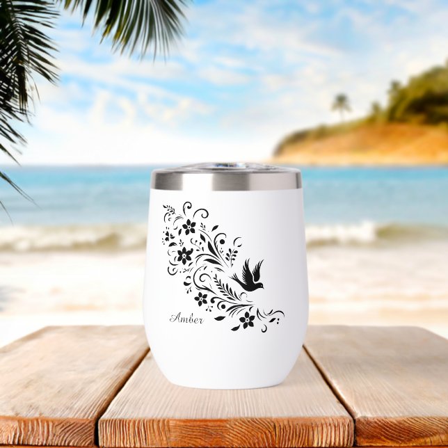 Elegant Black Floral Bird Personalized Name (Beach (Rotated))