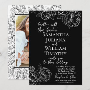 Elegant Black Floral Boho Modern Photo Wedding Invitation