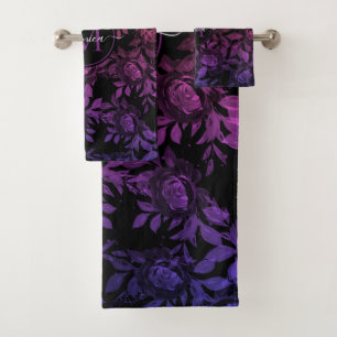 Elegant Black Floral Botanical Watercolor Monogram Bath Towel Set