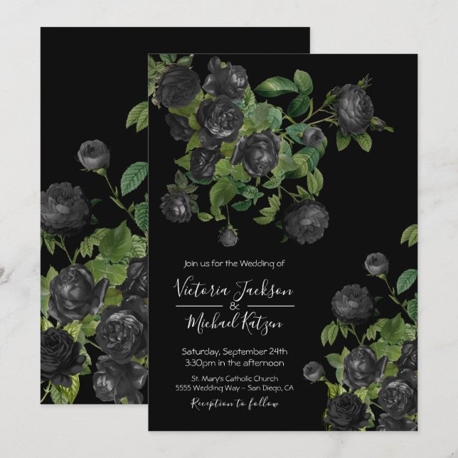 Elegant Black Floral Botanical Wedding Invitation (Front/Back)