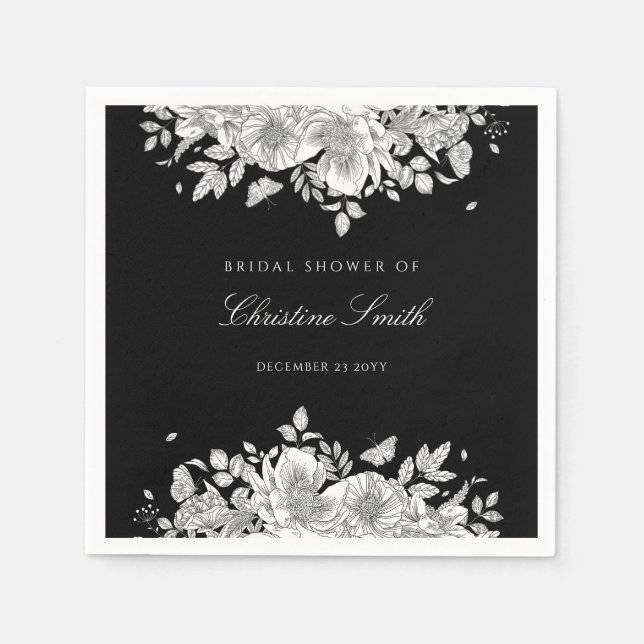 Elegant Black Floral Bridal Shower Napkins (Front)